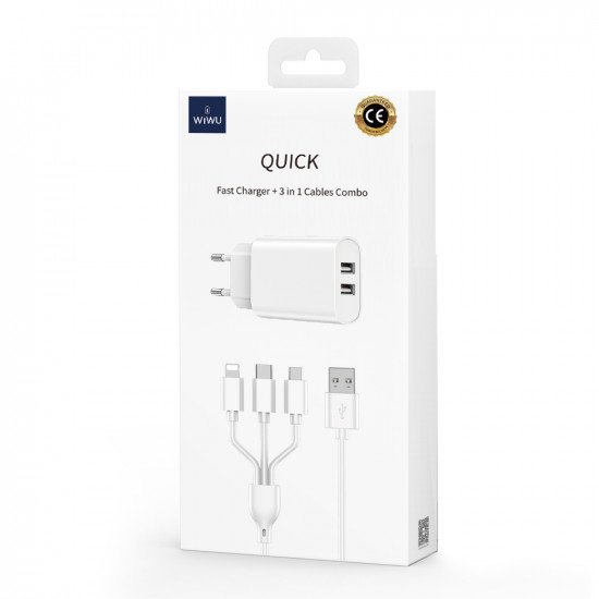 WIWU СЗУ Wi-U003 Dual USB Charger + 3 in 1 Cable EU Plug