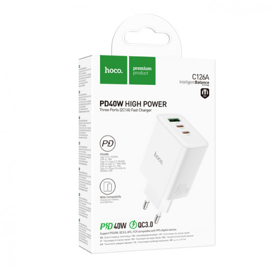 СЗУ Hoco C126A Pure power PD40W three-port(2C1A) charger(EU)