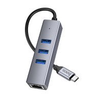 Сетевой адаптер Hoco HB34 Easy link Type-C Gigabit network adapter(Type-C to USB3.0*3+RJ45) / Тип кабеля + №8757