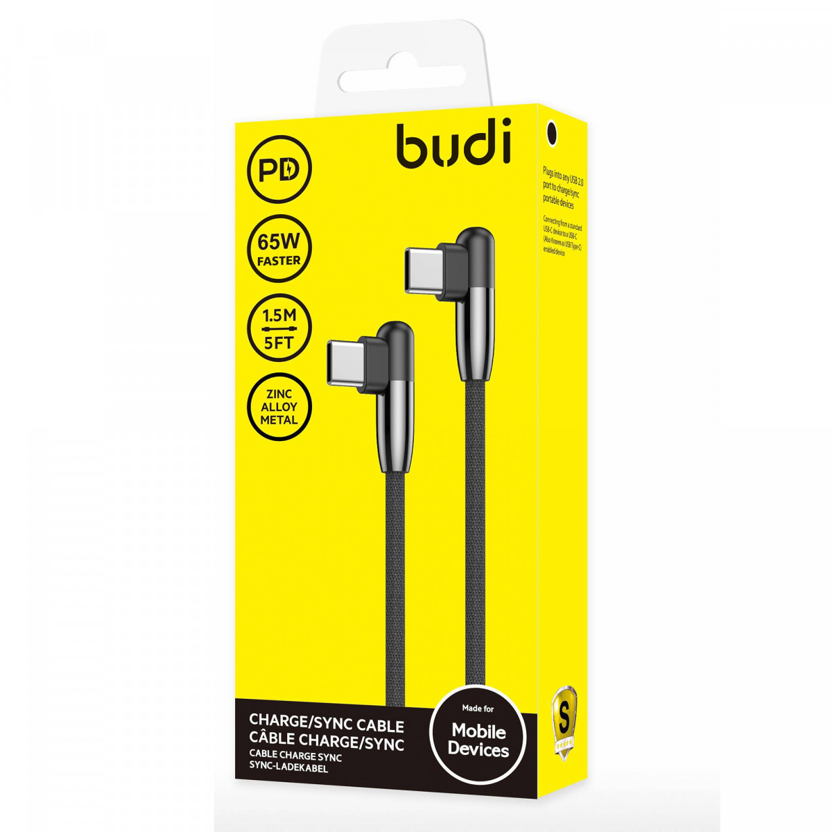 DC199TT Budi Charge/Sync cable 65W Type-C to Type-C 1.5m