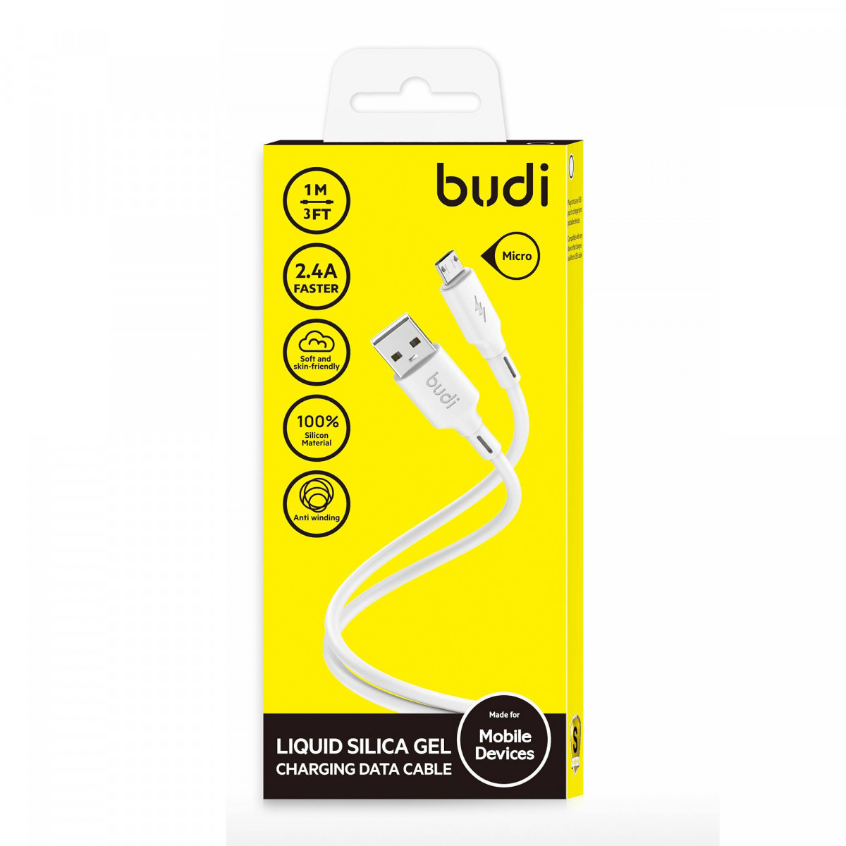 DC256M10W -  Budi USB-A to Micro Cable Liquid Silica Gel 3A 1m