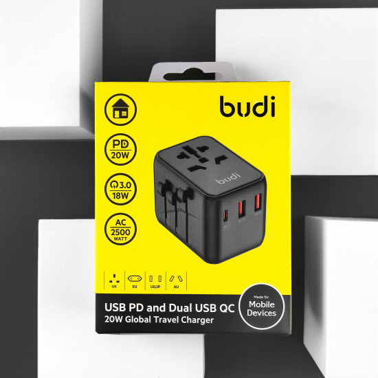 M8J333 - Home Charger Budi 4 USB,25W,Global Travel Charger with UK plug