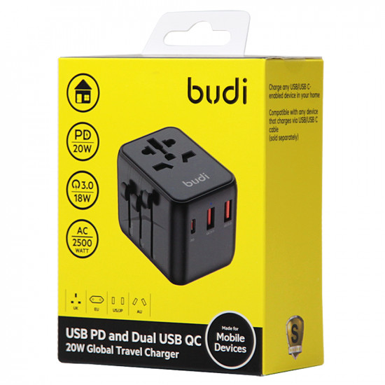 M8J333 - Home Charger Budi 4 USB,25W,Global Travel Charger with UK plug