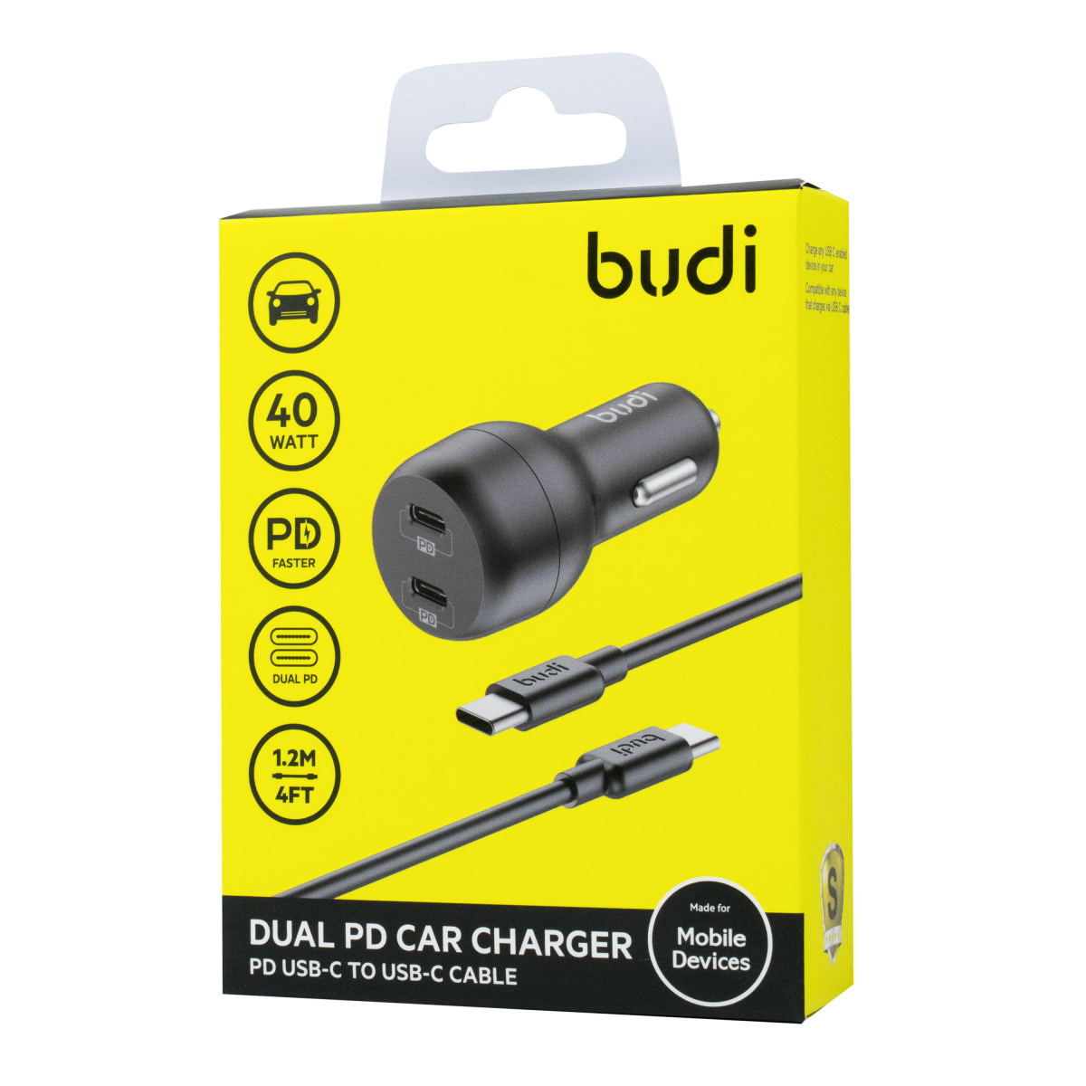 CC108RTTB - Budi Dual PD Car Charger 40w + Cable PD USB-C to USB-C