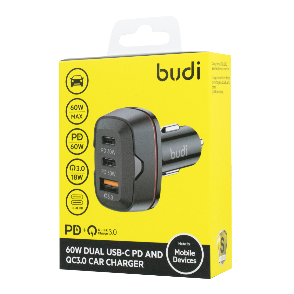 CC616RB - Budi Car Charger 60W Dual USB-C PD and QC3.0