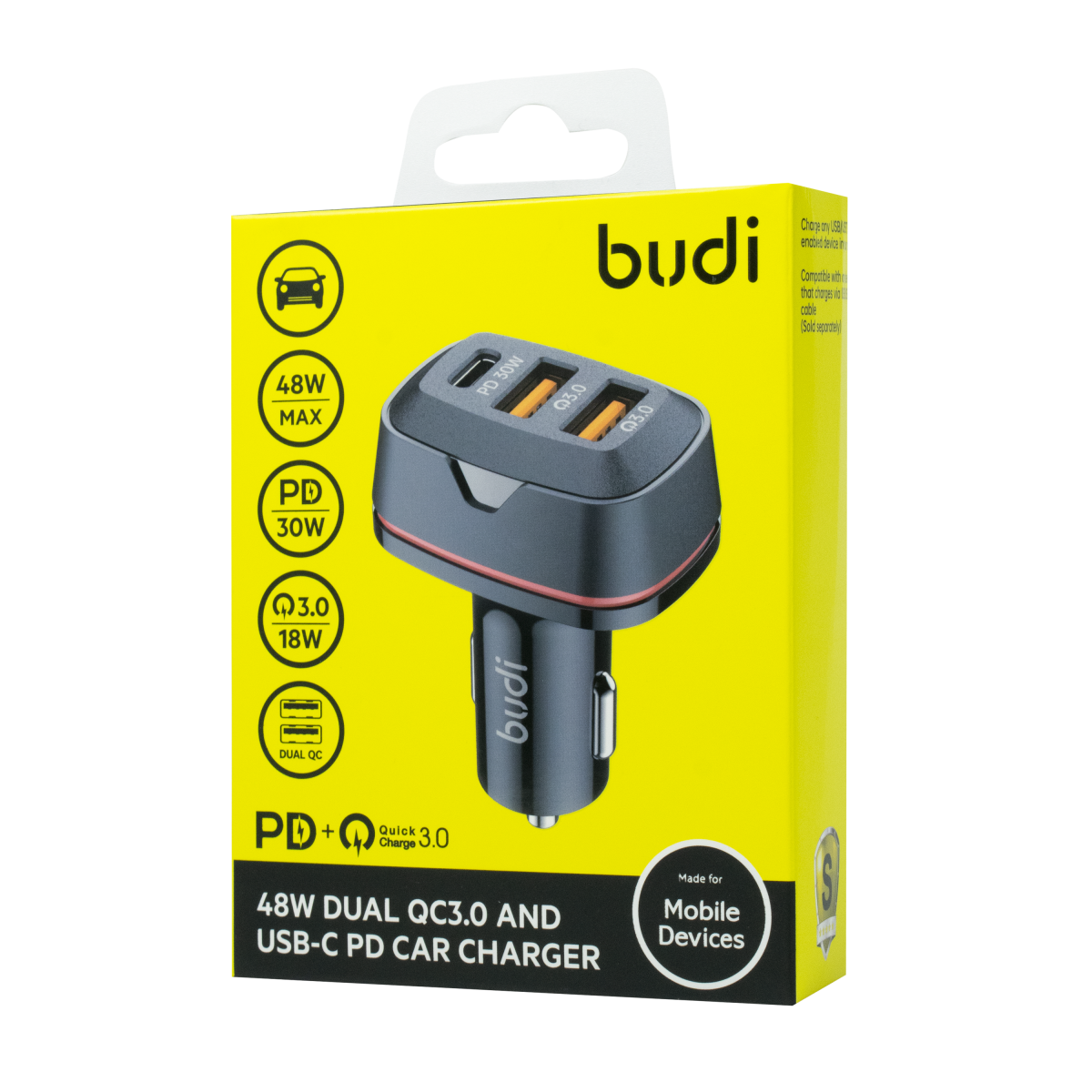CC616TB - Budi Car Charger 48W Dual QC3.0 and USB-C PD