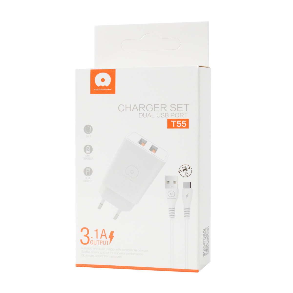 WUW Charger Set Dual USB/3.1A Type-C T55