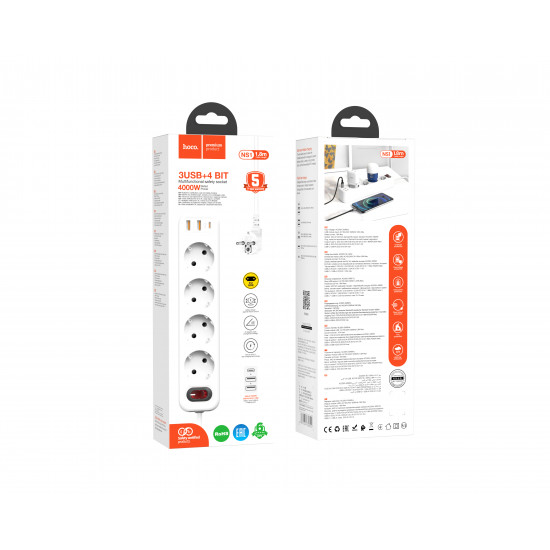 Сетевой Фильтр Hoco NS1 Aura 4-bit PD 20W 2xUSB+Type-C