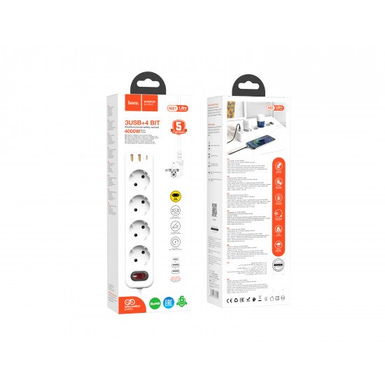 Сетевой Фильтр Hoco NS1 Aura 4-bit PD 20W 2xUSB+Type-C