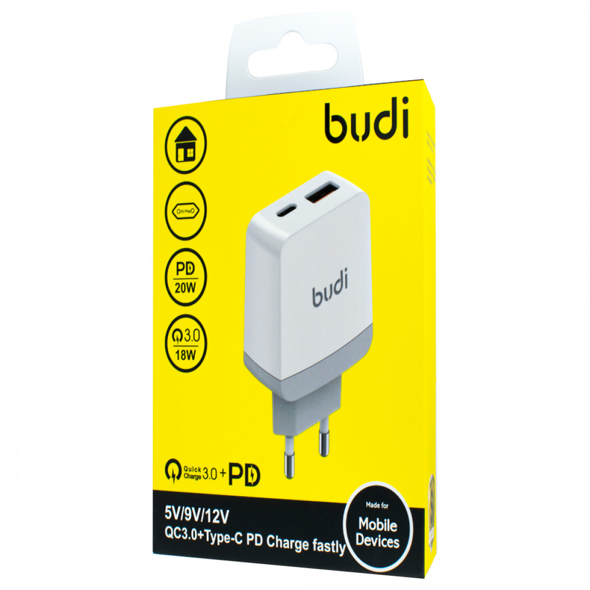 AC940VEW - Home Charger Budi QC 18W 3.0 +Type-C PD18W Charge Fastly