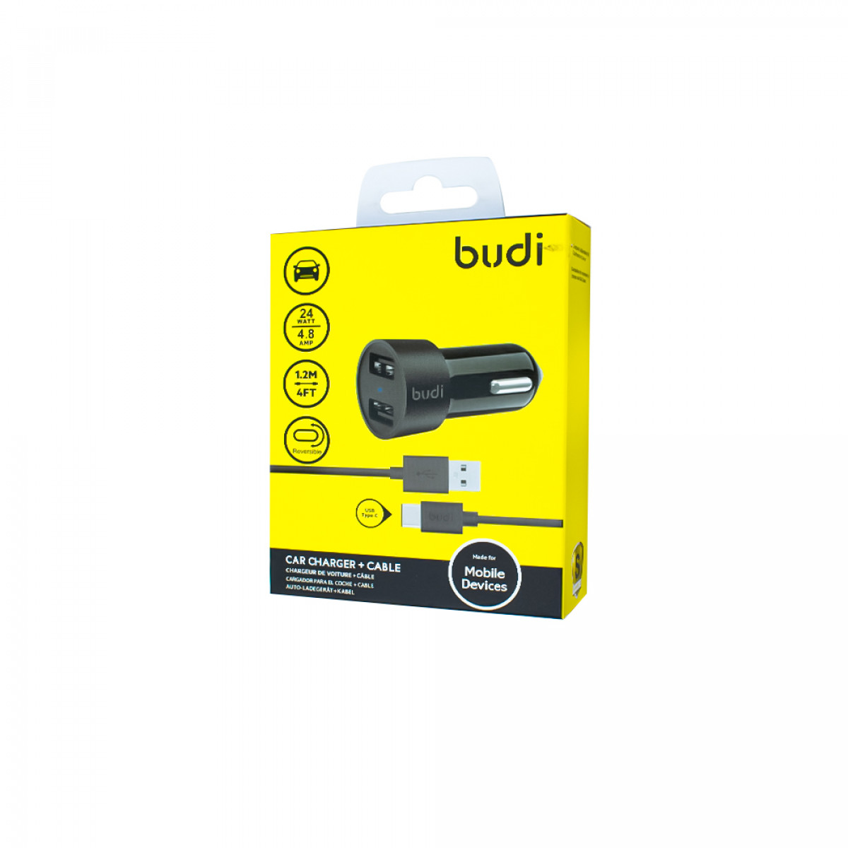 M8J622T - Car charger Budi 2 USB 4.8A with Type-C cable 1.2m