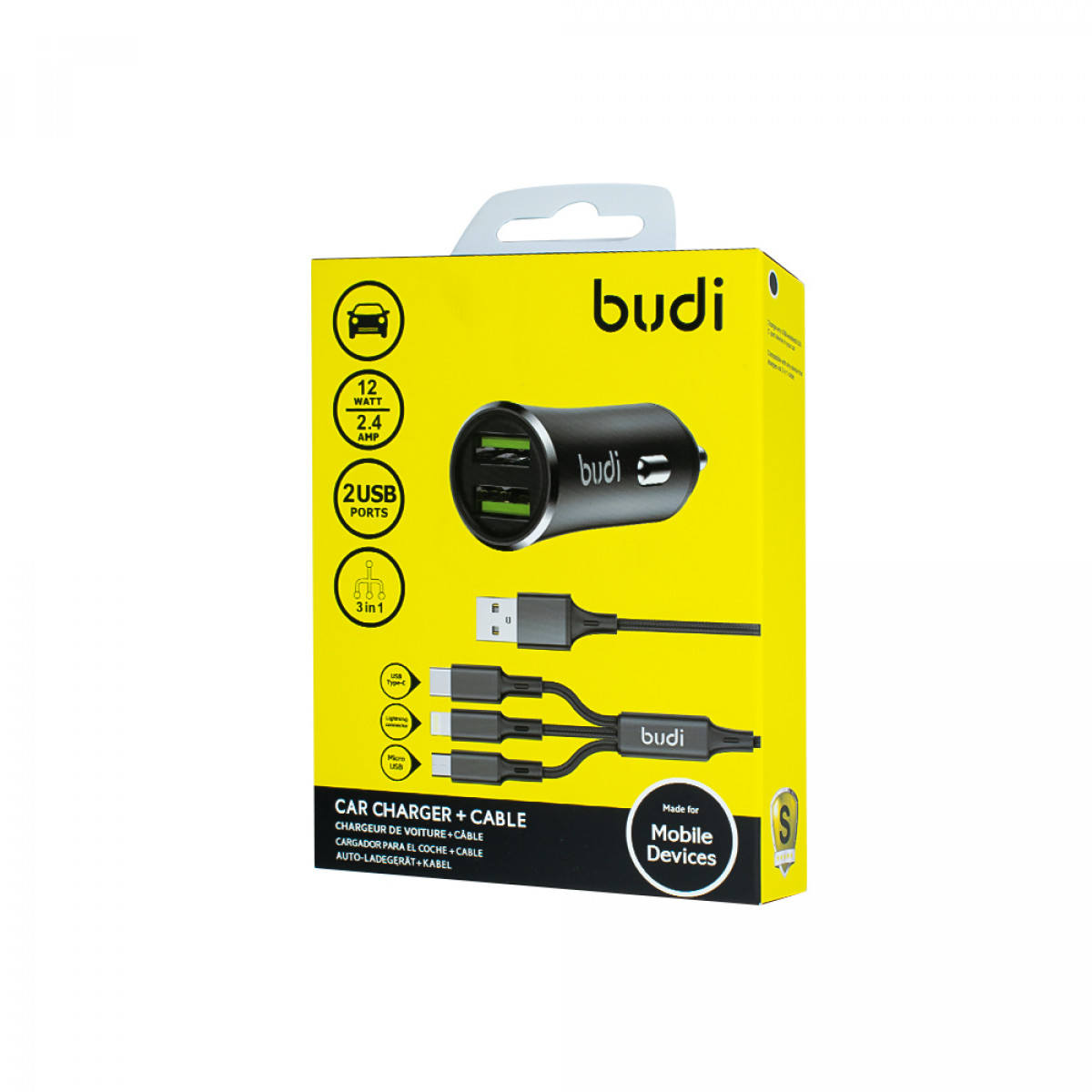 CC627T3B - Car charger Budi 2 USB 2.4A with 3in1 cable